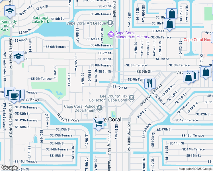 map of restaurants, bars, coffee shops, grocery stores, and more near 704 Southeast 10th Street in Cape Coral