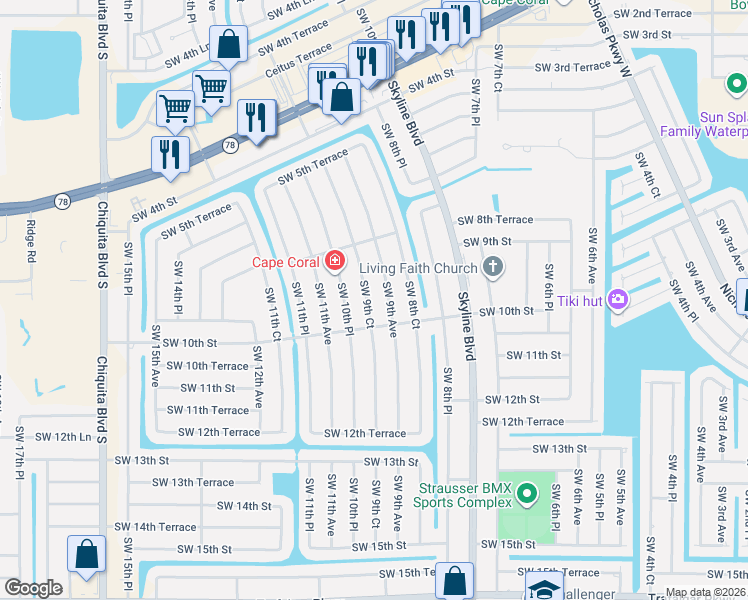 map of restaurants, bars, coffee shops, grocery stores, and more near 906 Southwest 9th Court in Cape Coral