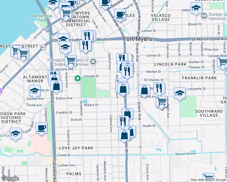 map of restaurants, bars, coffee shops, grocery stores, and more near 2315 Central Avenue in Fort Myers