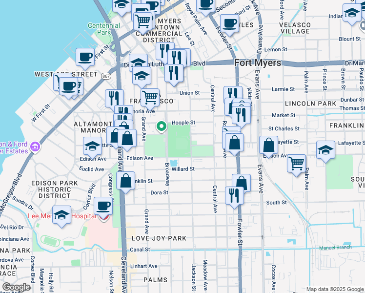 map of restaurants, bars, coffee shops, grocery stores, and more near 2201 Edison Avenue in Fort Myers