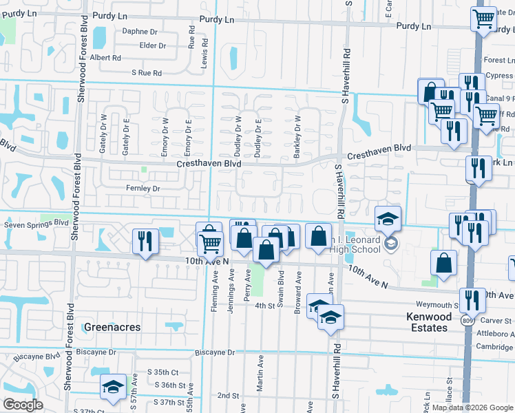 map of restaurants, bars, coffee shops, grocery stores, and more near 2995 Crosley Drive West in West Palm Beach
