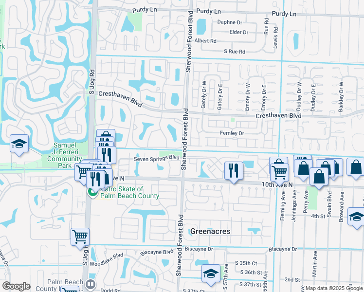 map of restaurants, bars, coffee shops, grocery stores, and more near 46 Sherwood Forest Boulevard in Greenacres