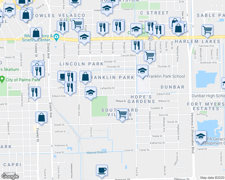 map of restaurants, bars, coffee shops, grocery stores, and more near 2981 Edison Avenue in Fort Myers