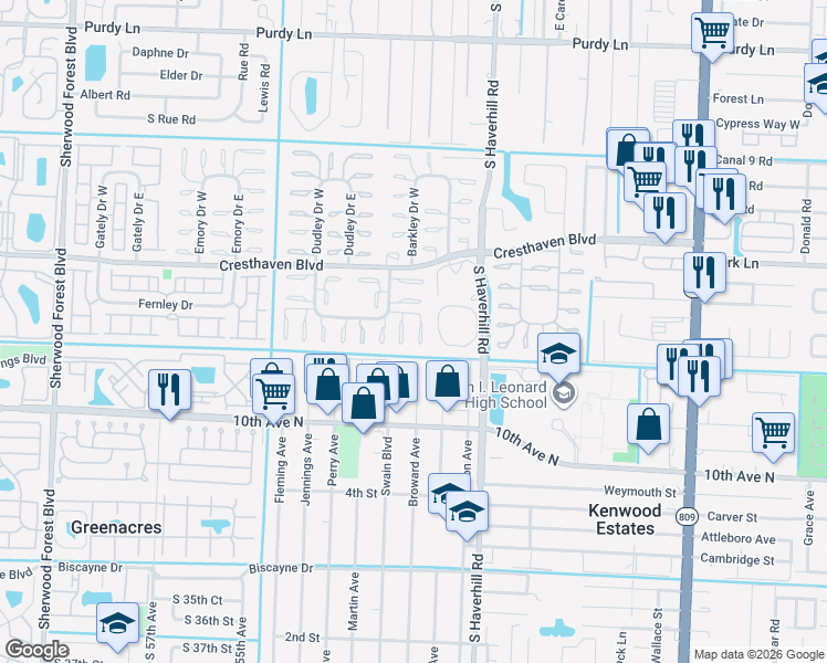 map of restaurants, bars, coffee shops, grocery stores, and more near 2930 Crosley Drive East in West Palm Beach
