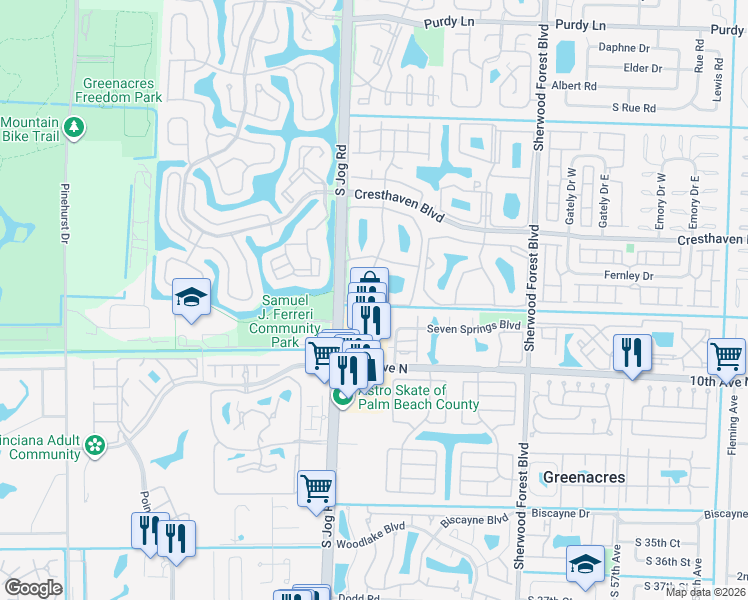 map of restaurants, bars, coffee shops, grocery stores, and more near 2910 Jog Road in Greenacres