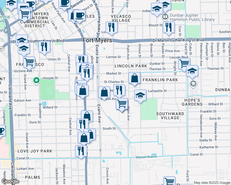 map of restaurants, bars, coffee shops, grocery stores, and more near 2715 Edison Avenue in Fort Myers