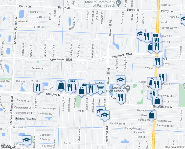 map of restaurants, bars, coffee shops, grocery stores, and more near 2940 Crosley Drive West in West Palm Beach