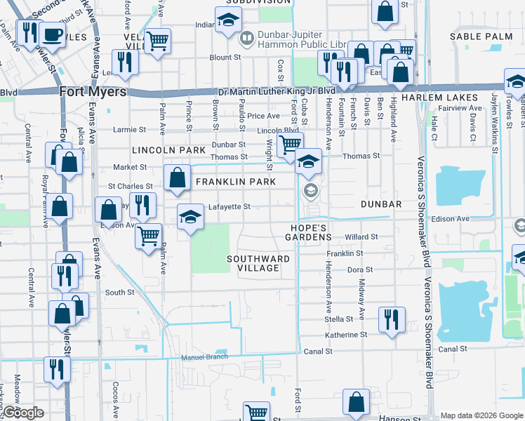 map of restaurants, bars, coffee shops, grocery stores, and more near 3033 Edison Avenue in Fort Myers