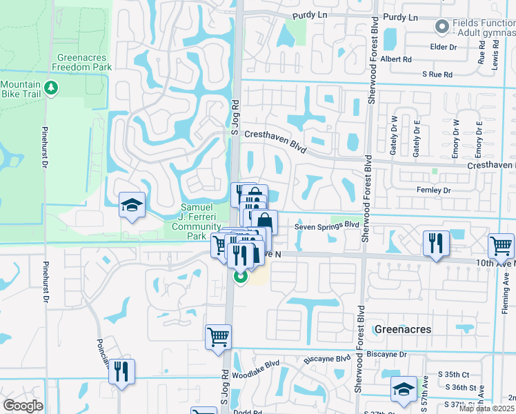 map of restaurants, bars, coffee shops, grocery stores, and more near 2910 Jog Road in Greenacres