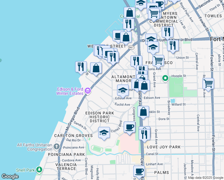 map of restaurants, bars, coffee shops, grocery stores, and more near 2304 Euclid Avenue in Fort Myers
