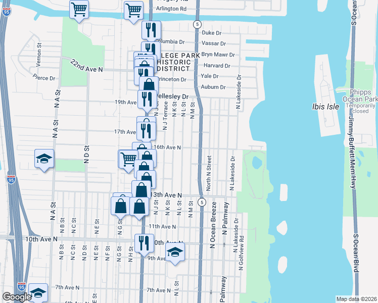 map of restaurants, bars, coffee shops, grocery stores, and more near 1512 North L Street in Lake Worth
