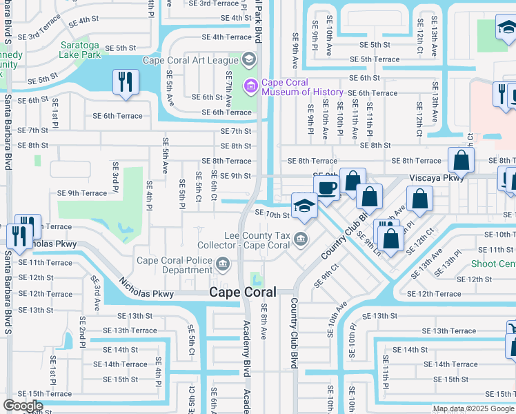 map of restaurants, bars, coffee shops, grocery stores, and more near 726 Southeast 10th Street in Cape Coral