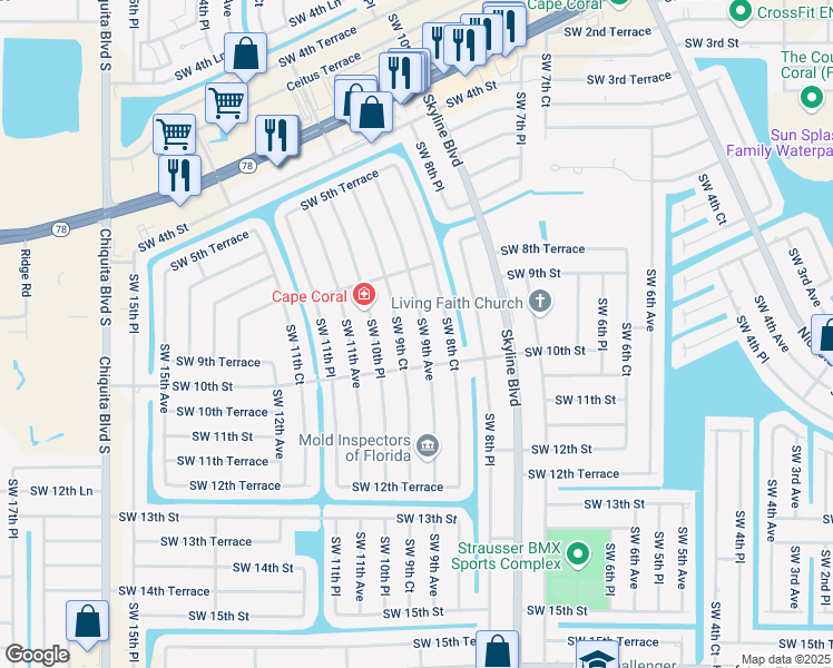 map of restaurants, bars, coffee shops, grocery stores, and more near 824 Southwest 9th Avenue in Cape Coral