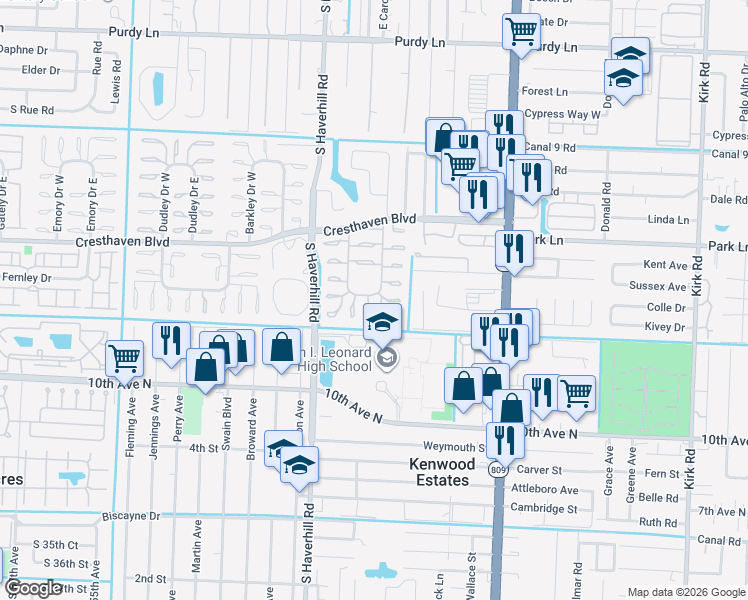 map of restaurants, bars, coffee shops, grocery stores, and more near 2960 Ashley Drive East in West Palm Beach