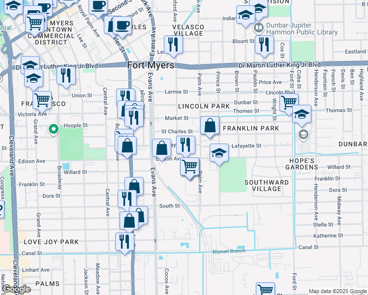 map of restaurants, bars, coffee shops, grocery stores, and more near 2715 Edison Avenue in Fort Myers