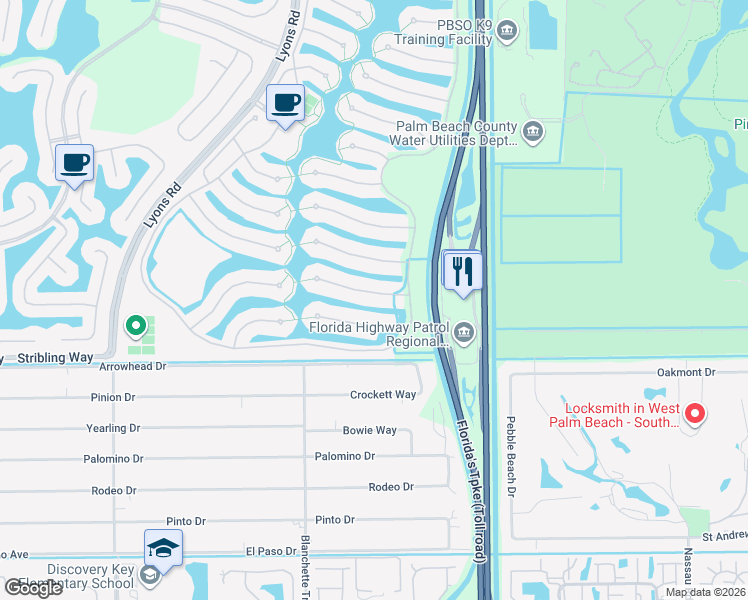 map of restaurants, bars, coffee shops, grocery stores, and more near 8260 Saint Johns Court in Wellington