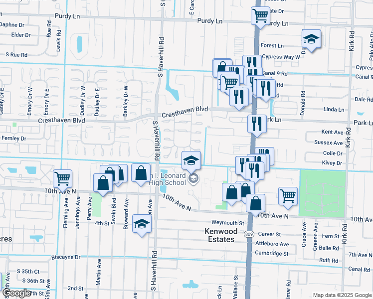 map of restaurants, bars, coffee shops, grocery stores, and more near 2936 Ashley Drive East in West Palm Beach