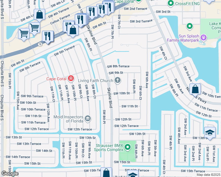 map of restaurants, bars, coffee shops, grocery stores, and more near 943 Skyline Boulevard in Cape Coral