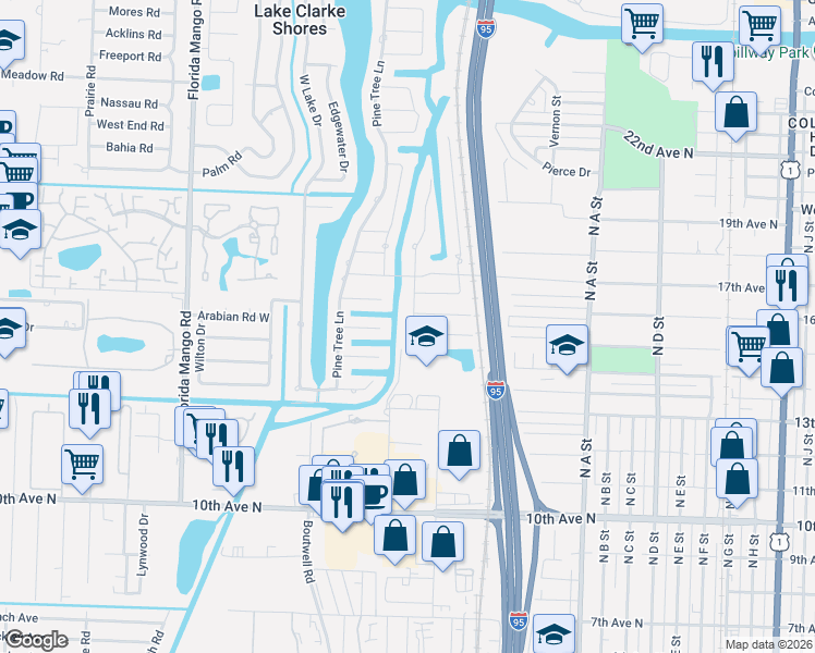 map of restaurants, bars, coffee shops, grocery stores, and more near 1859 15th Avenue North in Lake Worth