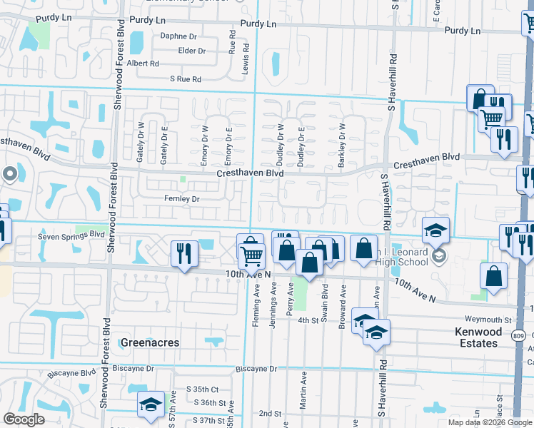 map of restaurants, bars, coffee shops, grocery stores, and more near 2921 Crosley Drive West in West Palm Beach