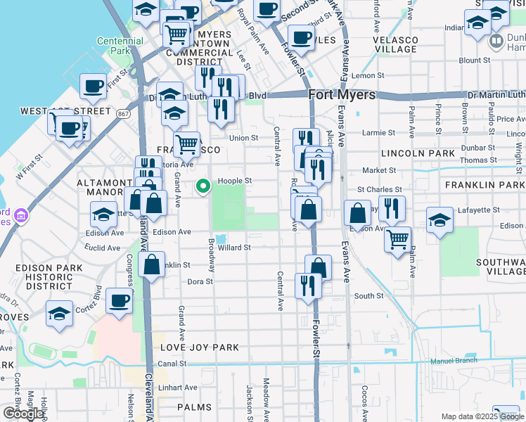 map of restaurants, bars, coffee shops, grocery stores, and more near 2339 Lafayette Street in Fort Myers