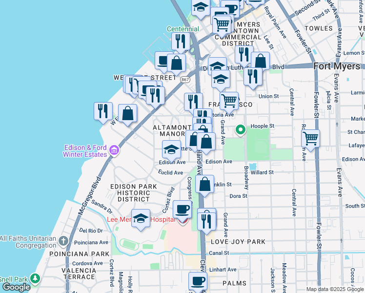 map of restaurants, bars, coffee shops, grocery stores, and more near 2316 Clifford Street in Fort Myers