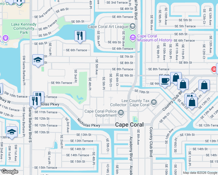 map of restaurants, bars, coffee shops, grocery stores, and more near 522 Southeast 10th Street in Cape Coral