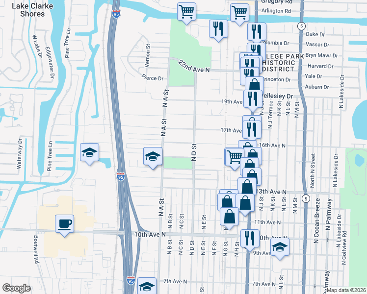 map of restaurants, bars, coffee shops, grocery stores, and more near 1506 15th Avenue North in Lake Worth