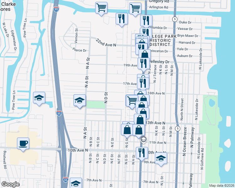 map of restaurants, bars, coffee shops, grocery stores, and more near 1212 15th Avenue North in Lake Worth