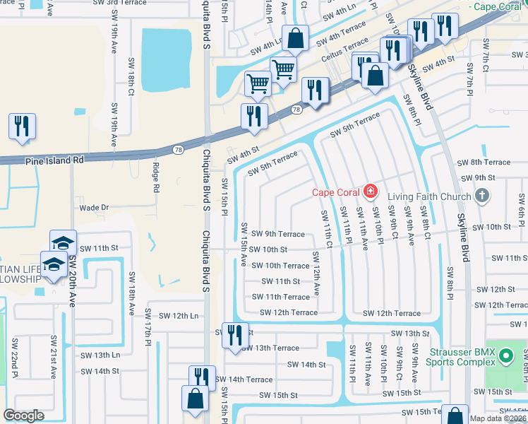 map of restaurants, bars, coffee shops, grocery stores, and more near 841 Southwest 14th Place in Cape Coral