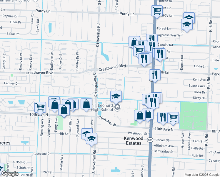 map of restaurants, bars, coffee shops, grocery stores, and more near 2800 Ashley Drive East in West Palm Beach