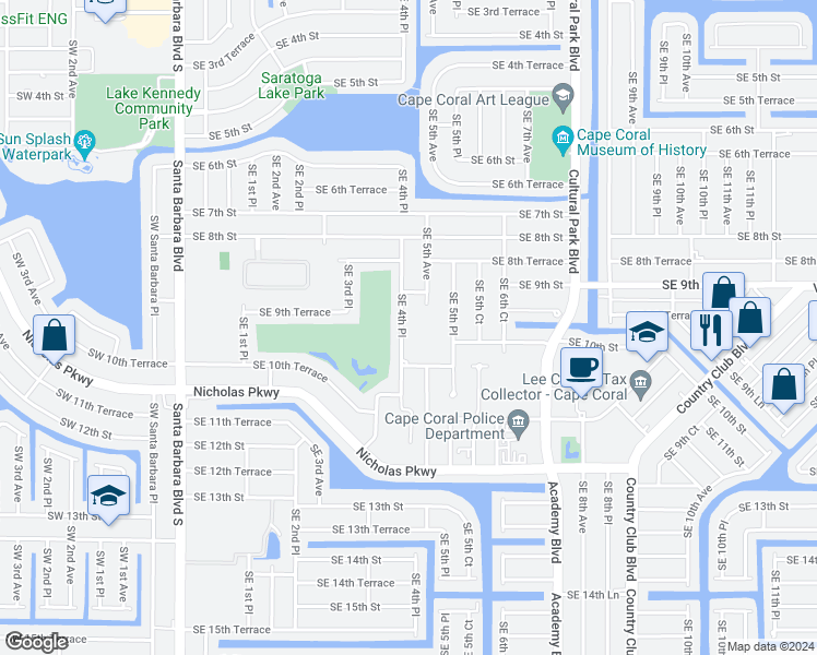map of restaurants, bars, coffee shops, grocery stores, and more near 921 Southeast 4th Place in Cape Coral