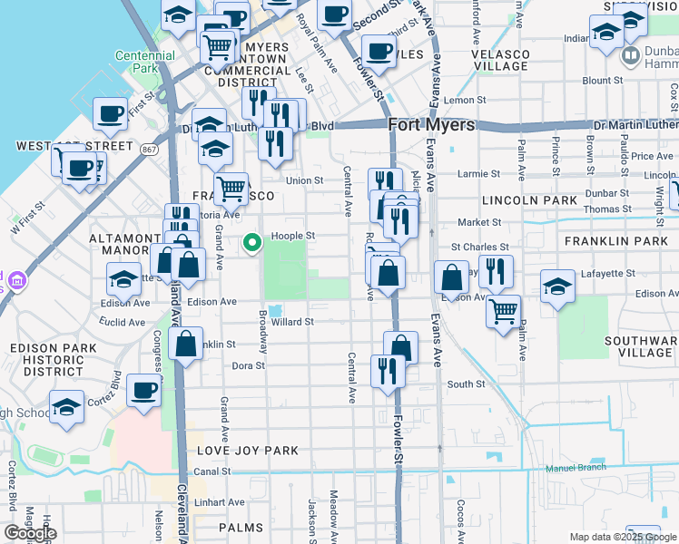 map of restaurants, bars, coffee shops, grocery stores, and more near 2359 Lafayette Street in Fort Myers