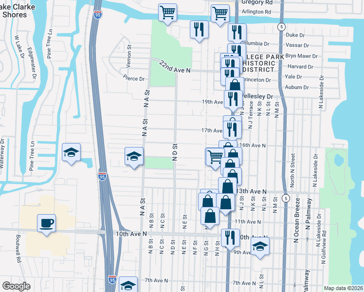 map of restaurants, bars, coffee shops, grocery stores, and more near 1250 15th Avenue North in Lake Worth