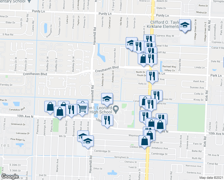 map of restaurants, bars, coffee shops, grocery stores, and more near 2936 Ashley Drive East in West Palm Beach