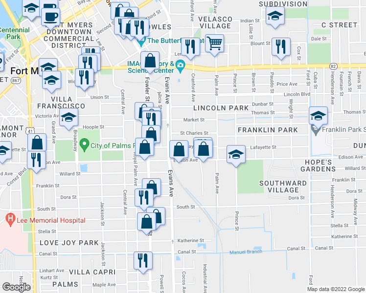 map of restaurants, bars, coffee shops, grocery stores, and more near 2641 Edison Avenue in Fort Myers