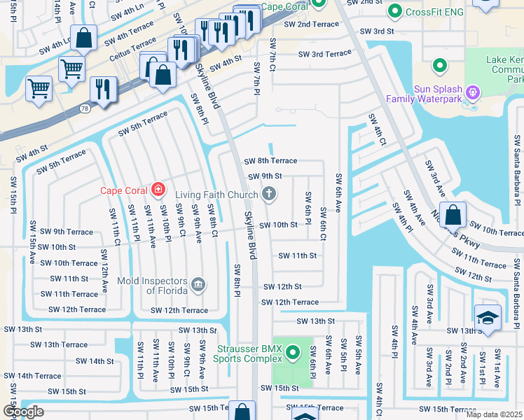 map of restaurants, bars, coffee shops, grocery stores, and more near 943 Skyline Boulevard in Cape Coral