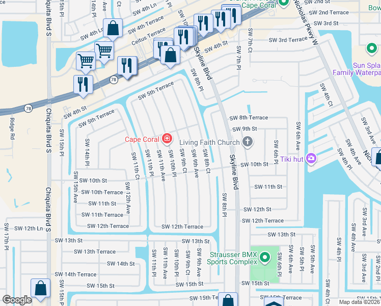 map of restaurants, bars, coffee shops, grocery stores, and more near 905 Southwest 9th Avenue in Cape Coral