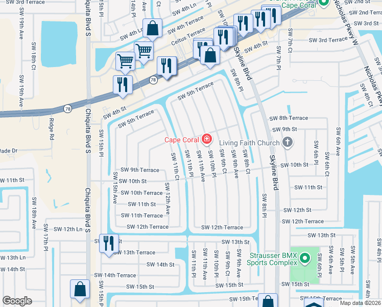 map of restaurants, bars, coffee shops, grocery stores, and more near 820 Southwest 11th Place in Cape Coral