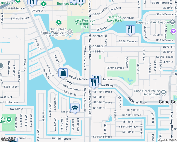 map of restaurants, bars, coffee shops, grocery stores, and more near 925 Southwest Santa Barbara Place in Cape Coral
