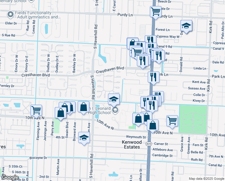 map of restaurants, bars, coffee shops, grocery stores, and more near 2936 Ashley Drive East in West Palm Beach
