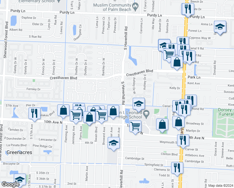 map of restaurants, bars, coffee shops, grocery stores, and more near 2939 Haverhill Road in Greenacres