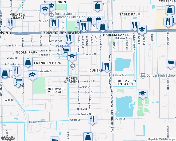 map of restaurants, bars, coffee shops, grocery stores, and more near 3319 Armstrong Court in Fort Myers