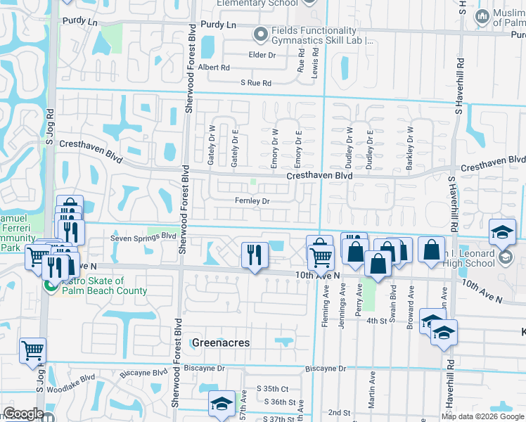 map of restaurants, bars, coffee shops, grocery stores, and more near 1 Fernley Drive in West Palm Beach