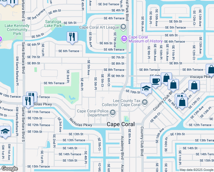 map of restaurants, bars, coffee shops, grocery stores, and more near 912 Southeast 6th Court in Cape Coral