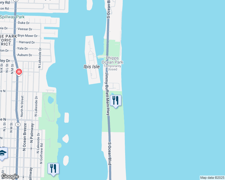 map of restaurants, bars, coffee shops, grocery stores, and more near 2335 Old S Ocean Boulevard in Palm Beach