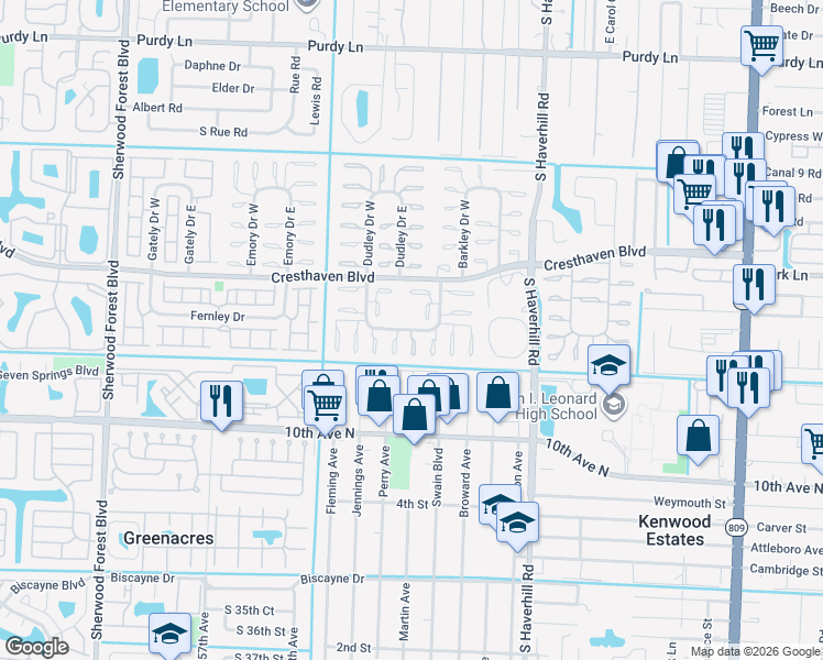 map of restaurants, bars, coffee shops, grocery stores, and more near 2990 Crosley Drive East in West Palm Beach