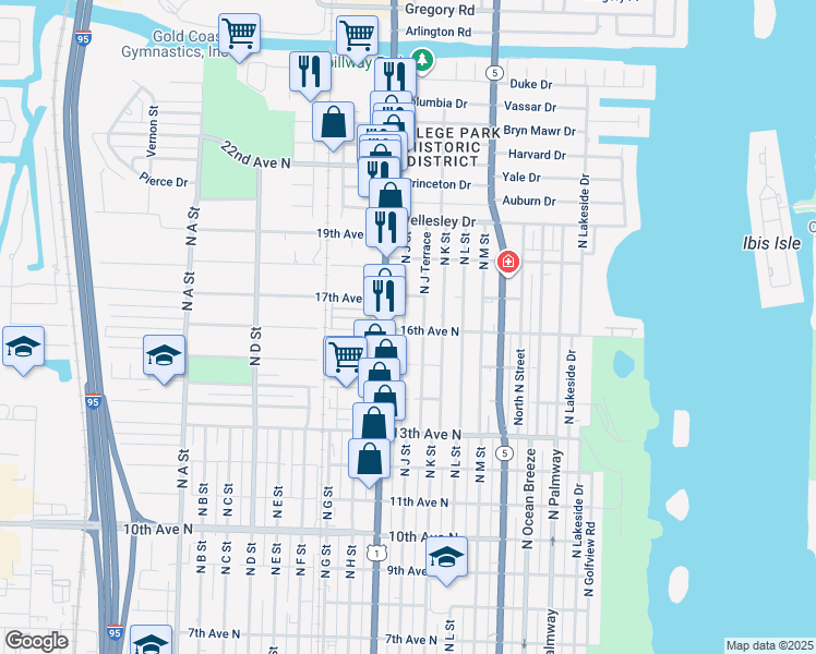 map of restaurants, bars, coffee shops, grocery stores, and more near 1622 North J Terrace in Lake Worth
