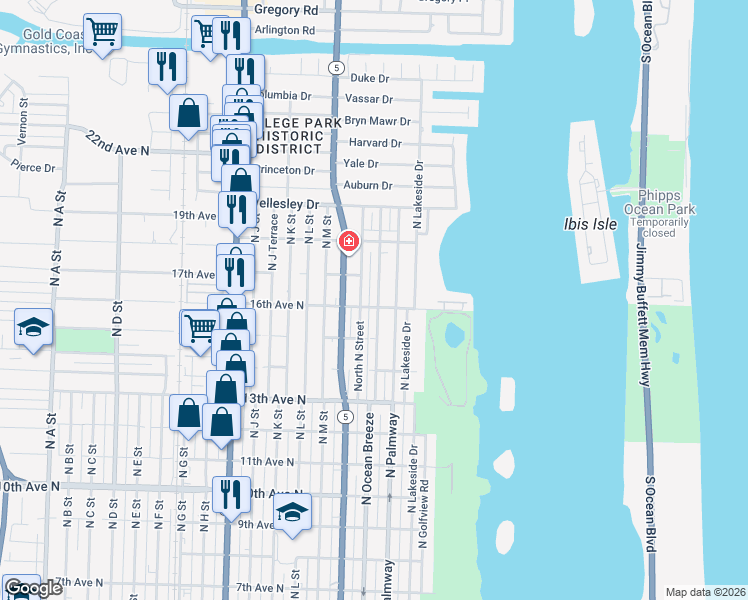 map of restaurants, bars, coffee shops, grocery stores, and more near 1603 North O Street in Lake Worth