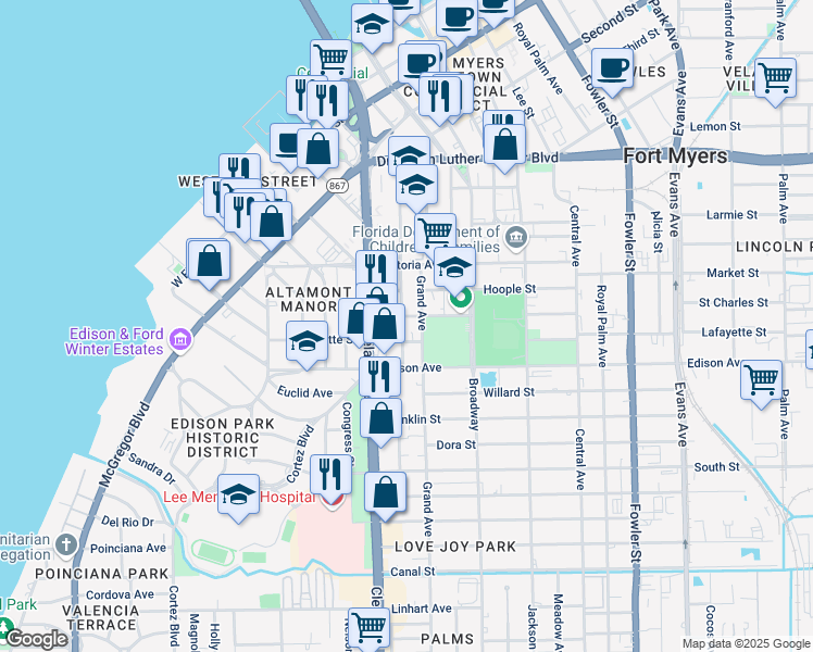 map of restaurants, bars, coffee shops, grocery stores, and more near 2258 Heitman Street in Fort Myers